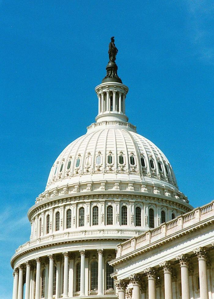 The United States Capitol dome against a clear blue sky